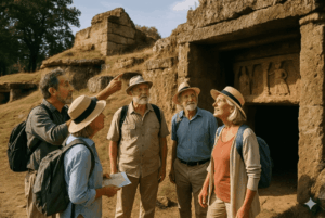 Skupina turistov pri historickej lokalite.